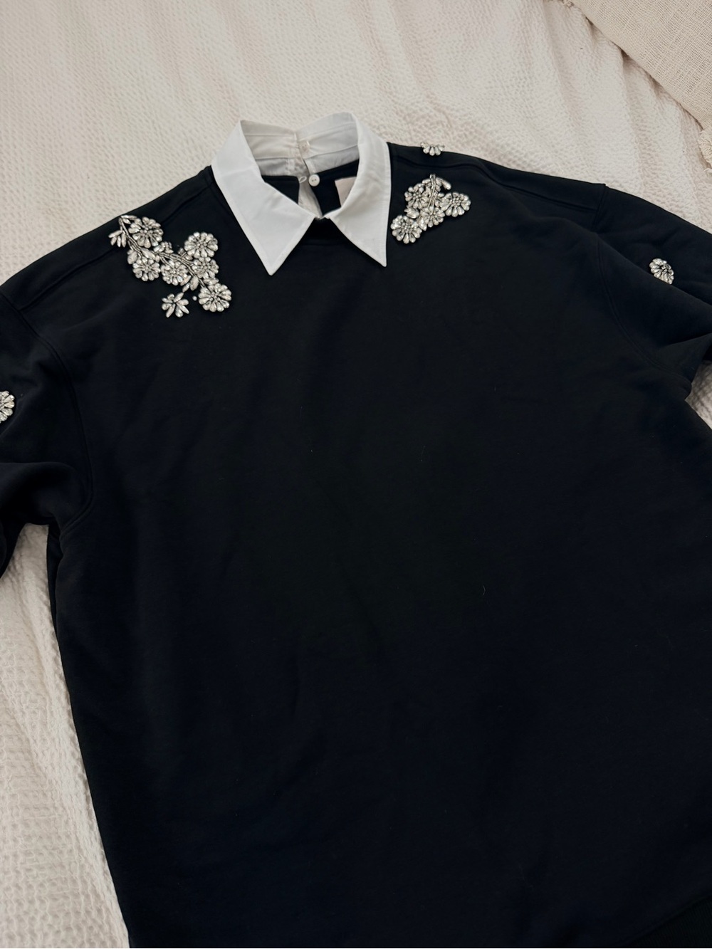 cinq a sept Black sweater with White Collar / sleeves and Crystal Embellishments